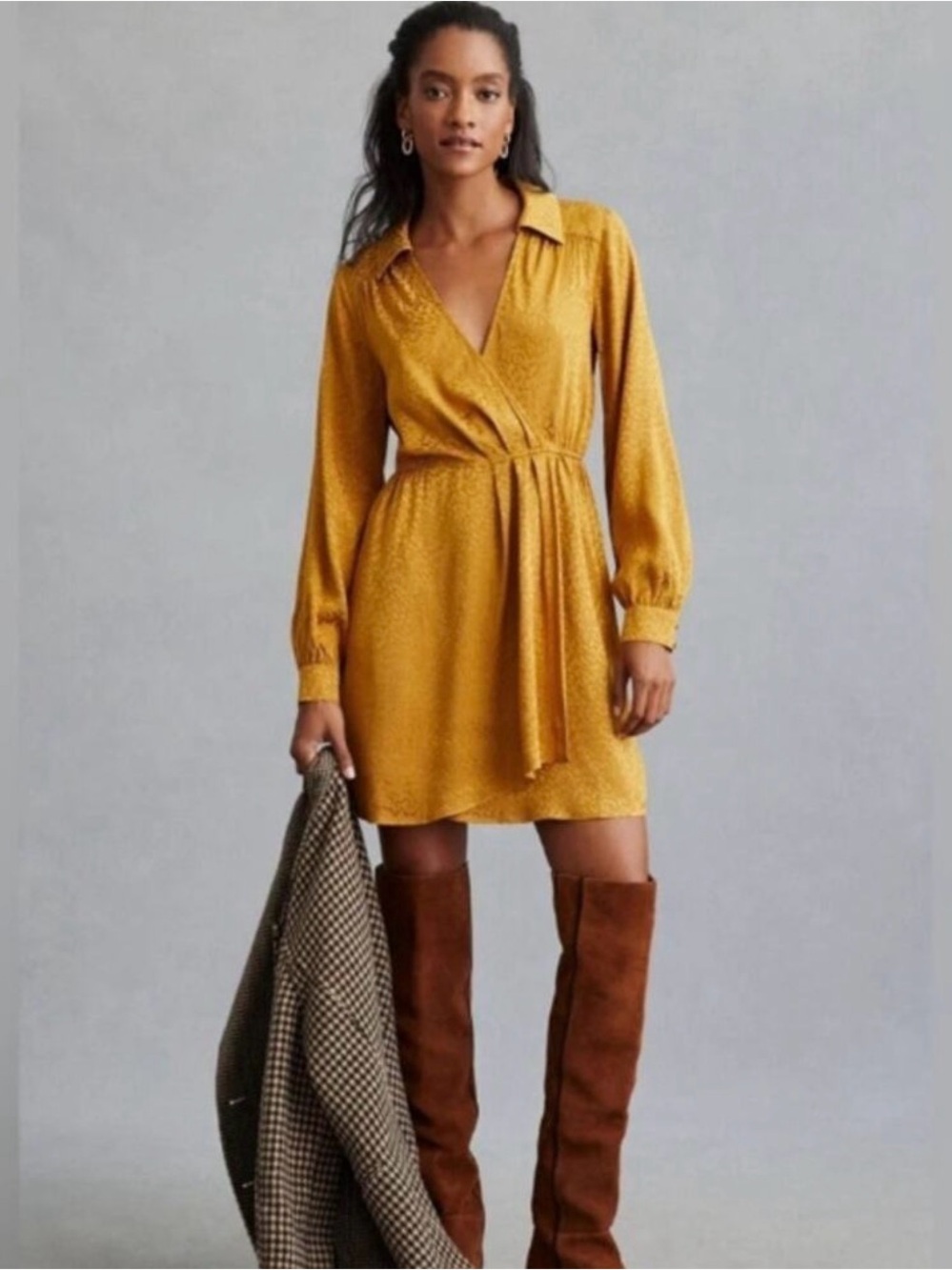 Anthropologie Gold Leopard Print Long Sleeve Mini Dress